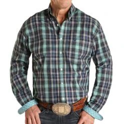 Panhandle Men's Roughstock Turquoise Plaid Buttondown